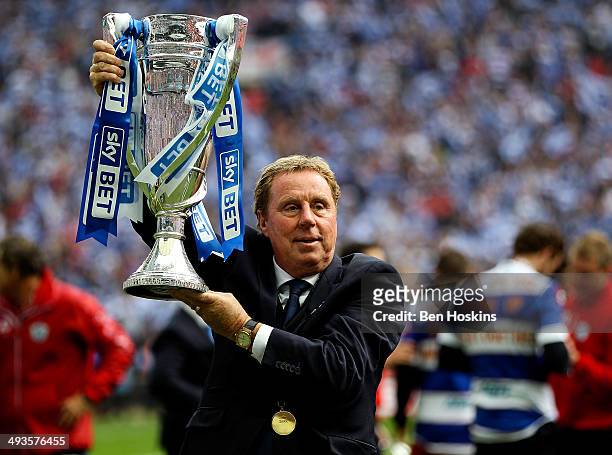 Manager Harry Redknapp celebrates with the trophy after the Sky Bet Championship Playoff Final match between Derby County and Queens Park Rangers at...