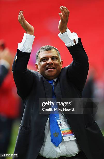 Queens Park Rangers Chairman Tony Fernandes celebrates following his sides victory during the Sky Bet Championship Playoff Final between Derby County...