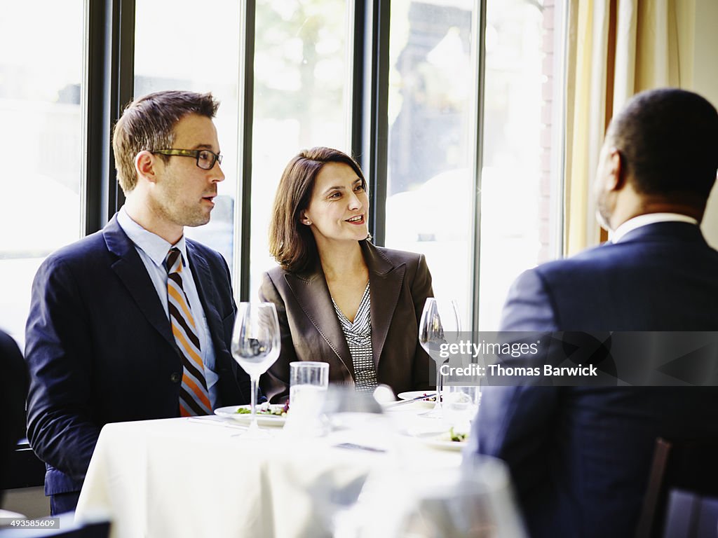 Businesswoman and businessman at lunch meeting