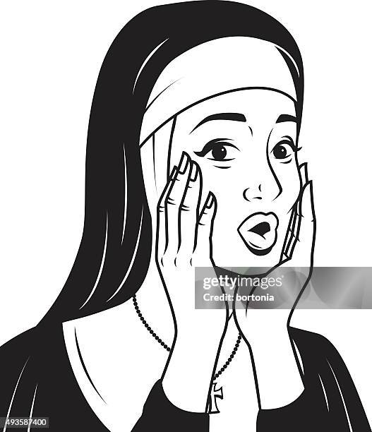 retro line art illustration of a surprised nun - nun stock illustrations