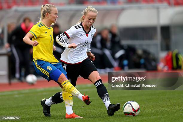 Tove Almqvist of Sweden challenges Lea Schueller of Germany during the Women's International Friendly match between U20 Germany and U20 Sweden at...