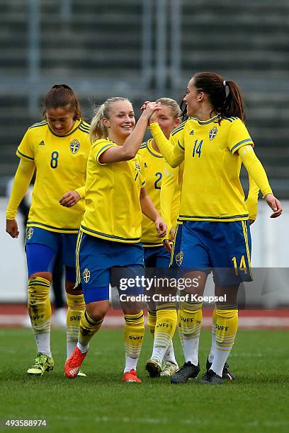 Anna Oskarsson of Sweden celebrates the first goal with Tove Almqvist of Sweden during the Women's International Friendly match between U20 Germany...