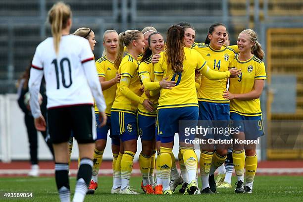 Anna Oskarsson of Sweden celebrates the first goal with her team mates during the Women's International Friendly match between U20 Germany and U20...