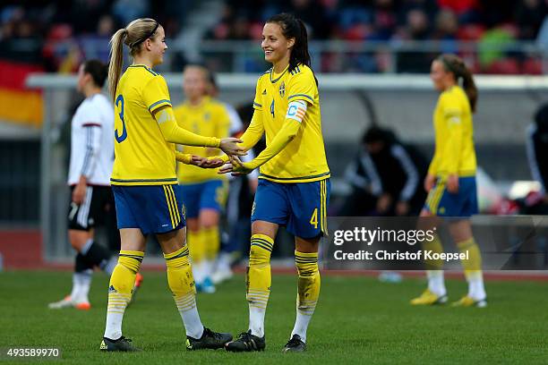 Julia Ekholm and Nathalie Bjoern of Sweden celebrate after the Women's International Friendly match between U20 Germany and U20 Sweden at Auestadion...