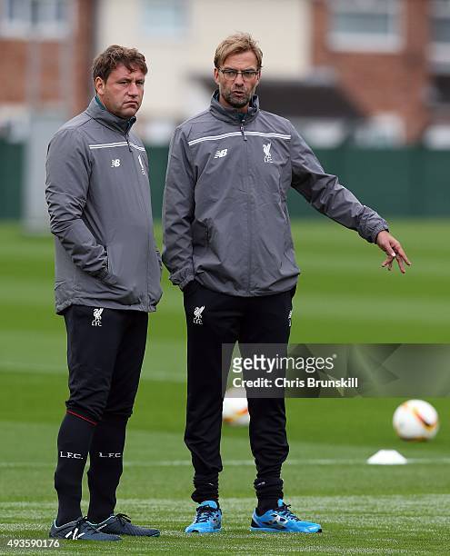 Liverpool manager Jurgen Klopp makes a point to assistant Peter Krawietz during a Liverpool training session at Melwood Training Ground on October...