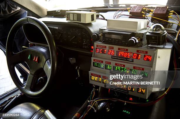 Picture taken inside a replica of the DeLorean, a time-machine vehicle which appeared in the movie " Back to the Future'' in 1985, is displayed...