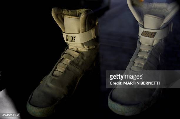 Picture of a replica of the sneakers that actor Michael J. Fox used in the movie "Back to the Future'' in 1985, being displayed during an anniversary...