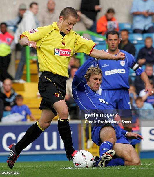 Heidar Helguson of Watford battles with Darren Ward of Millwall during the Nationwide Division One match between Millwall and Watford at The New Den...