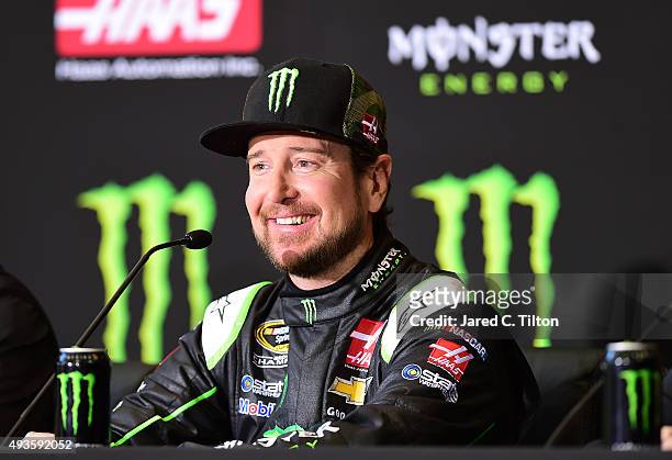 Kurt Busch, driver of the Stewart-Haas Racing Chevrolet, answers questions from the media during a press conference announcing Monster Energy as a...
