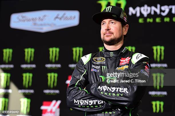 Kurt Busch, driver of the Stewart-Haas Racing Chevrolet, looks on during a press conference announcing Monster Energy as a co-sponsor on the...