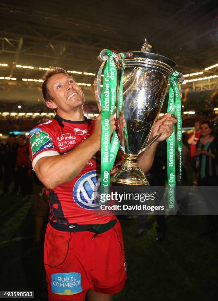 Jonny Wilkinson the Toulon captain, raises the Heineken Cup after his teams victory during the Heineken Cup Final between Toulon and Saracens at the...