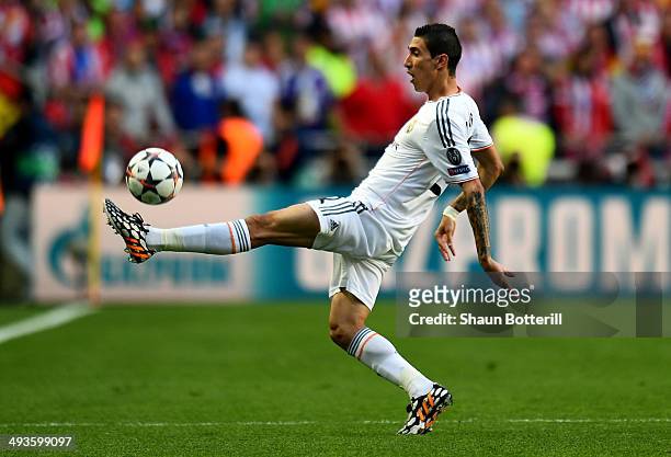 Ángel Di Maria of Real Madrid controls the ball during the UEFA Champions League Final between Real Madrid and Atletico de Madrid at Estadio da Luz...