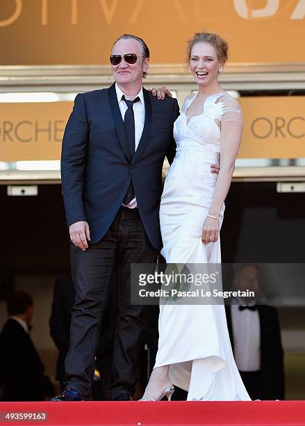 Quentin Tarantino and Uma Thurman attend the Closing Ceremony and "A Fistful of Dollars" screening during the 67th Annual Cannes Film Festival on May...