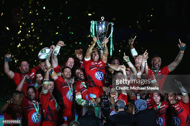 Jonny Wilkinson of Toulon lifts the winners trophy after his side 23-6 victory during the Heineken Cup Final match between Toulon and Saracens at...