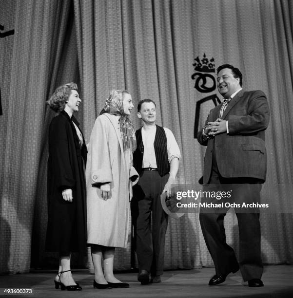 Actresses Joyce Randolph, Audrey Meadows, actors Art Carney and and Jackie Gleason on stage after the "The Jackie Gleason Show" in Los Angeles,...