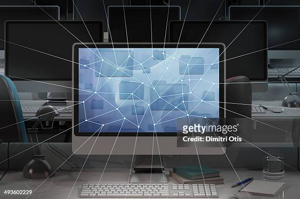 computer in dark office, network lines radiating - south africa map stockfoto's en -beelden
