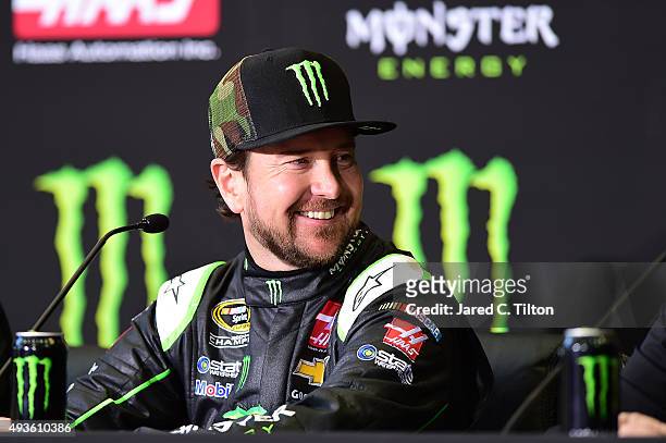 Kurt Busch, driver of the Stewart-Haas Racing Chevrolet, looks on during a press conference announcing Monster Energy as a co-sponsor on the...