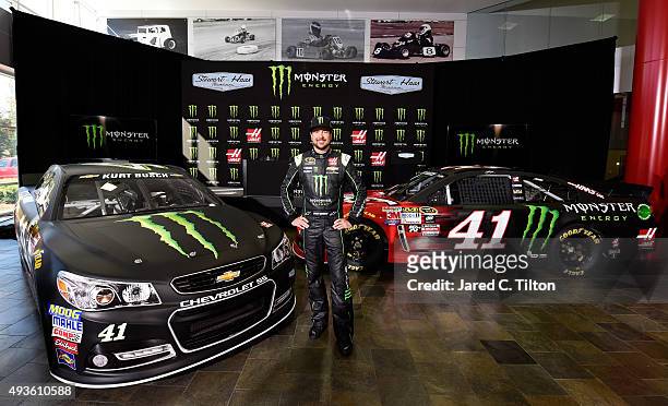 Kurt Busch, driver of the Stewart-Haas Racing Chevrolet, poses for a photo opportunity after a press conference announcing Monster Energy as a...