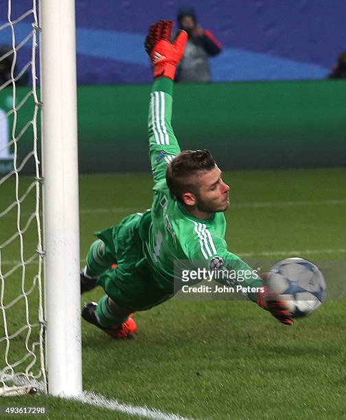 David De Gea of Manchester United saves a penalty during the UEFA Champions League Group B match between CSKA Moskva and Manchester United at Arena...