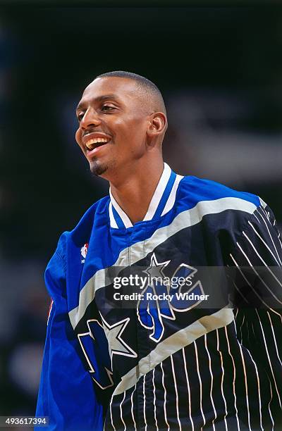 Penny Hardaway of the Orlando Magic looks on against the Golden State Warriors on March 7, 1997 at the Arena in Oakland in Oakland, California. NOTE...