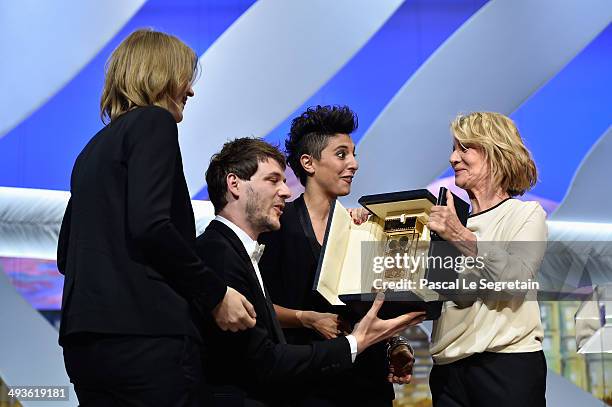Nicole Garcia, French co-directors Claire Burger, Samuel Theis and Marie Amachoukeli receive the Camera d'Or prize for "Party Girl" during the...