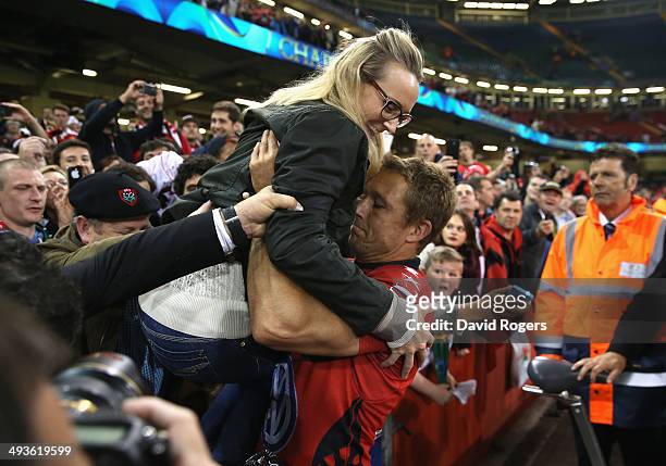 Jonny Wilkinson, the Toulon captain celebrates with wife Shelley after his teams victory during the Heineken Cup Final between Toulon and Saracens at...