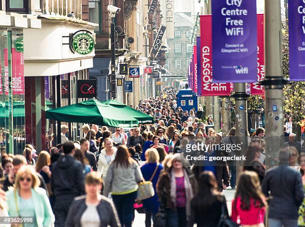 buchanan street in glasgow busy with shoppers - high street stock pictures, royalty-free photos & images