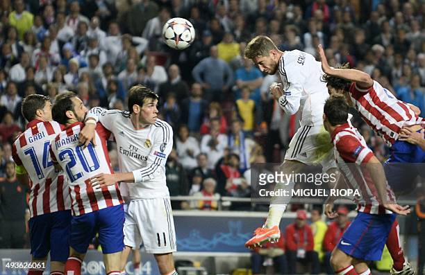 Real Madrid's defender Sergio Ramos scores during the UEFA Champions League Final Real Madrid vs Atletico de Madrid at Luz stadium in Lisbon, on May...