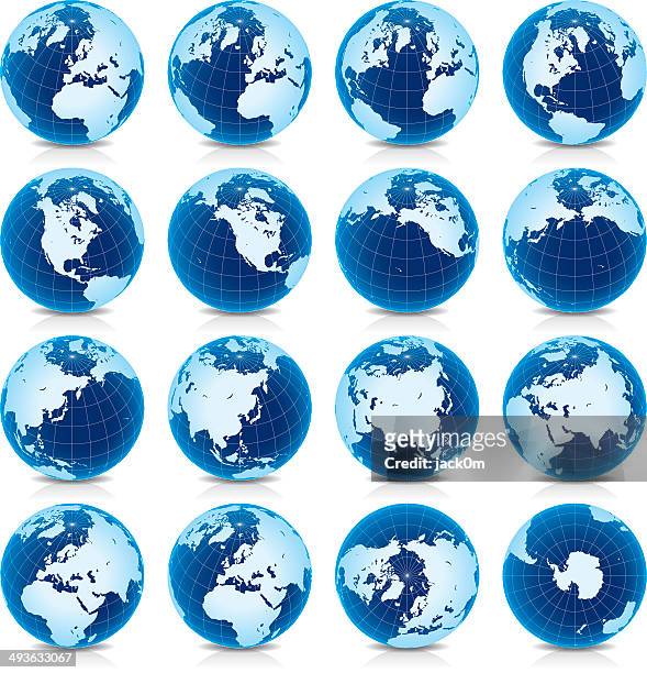 spinning earth globe icon set, latitude 45° n view - antarctica stock illustrations