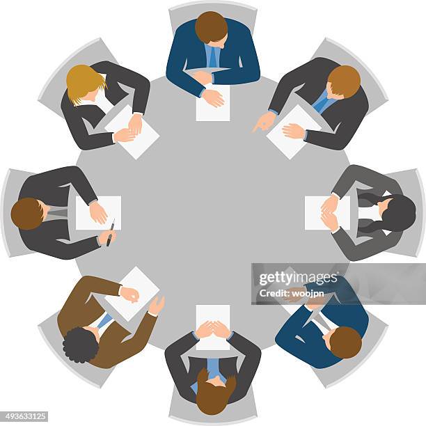 overhead view of round table meeting - overhead view stock illustrations