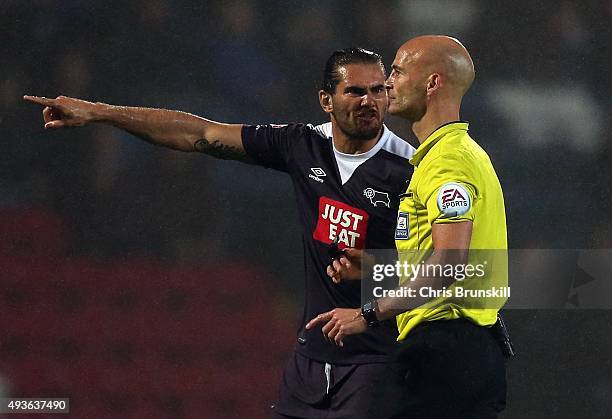 Bradley Johnson of Derby County makes a point to referee Darren Drysdale during the Sky Bet Championship match between Blackburn Rovers and Derby...