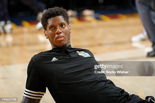 Damien Inglis of the Milwaukee Bucks looks on during the game against the Cleveland Cavaliers on October 13, 2015 at Quicken Loans Arena in...