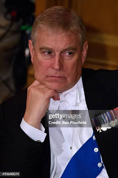 Prince Andrew, Duke of York listens to President Xi Jinping of the People's Republic of China speaks during the Lord Mayors banquet at The Guildhall...