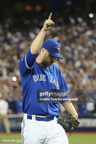 Marco Estrada of the Toronto Blue Jays reacts as he is relieved in the eighth inning against the Kansas City Royals during game five of the American...