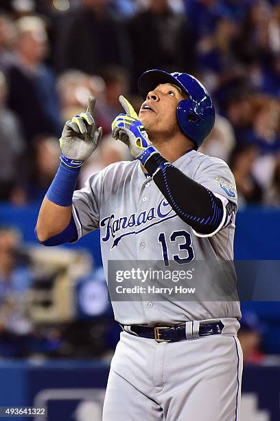 Salvador Perez of the Kansas City Royals celebrates his solo home run in the eighth inning against the Toronto Blue Jays during game five of the...