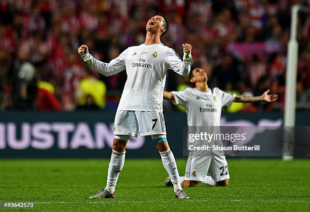 Cristiano Ronaldo of Real Madrid celebrates victory in the UEFA Champions League Final between Real Madrid and Atletico de Madrid at Estadio da Luz...