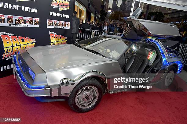 The "Back To The Future" DeLorean DMC-12 seen at the "Back To The Future" New York special anniversary screening at AMC Loews Lincoln Square on...