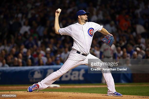 Jason Hammel of the Chicago Cubs throws a pitch in the first inning against the New York Mets during game four of the 2015 MLB National League...