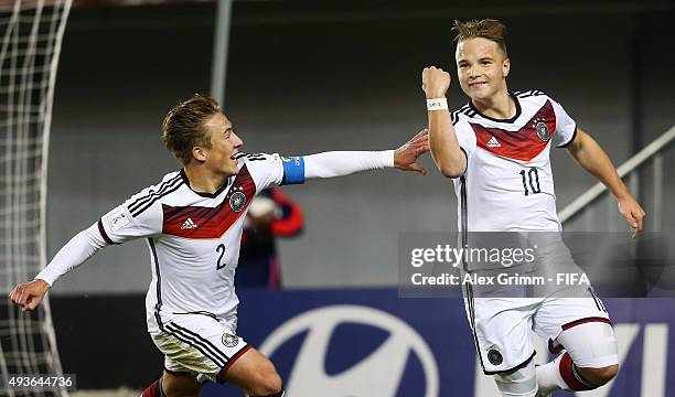 Niklas Schmidt of Germany celebrates his team's fourth goal with team mate Felix Passlack during the FIFA U-17 World Cup Chile 2015 Group C match...