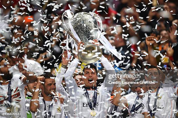 Cristiano Ronaldo of Real Madrid lifts the Champions league trophy during the UEFA Champions League Final between Real Madrid and Atletico de Madrid...