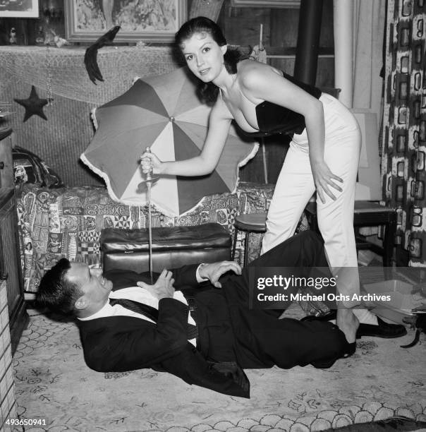 Hugh Hefner with Joan Bradshaw at a Play Boy Party in Los Angeles, California.