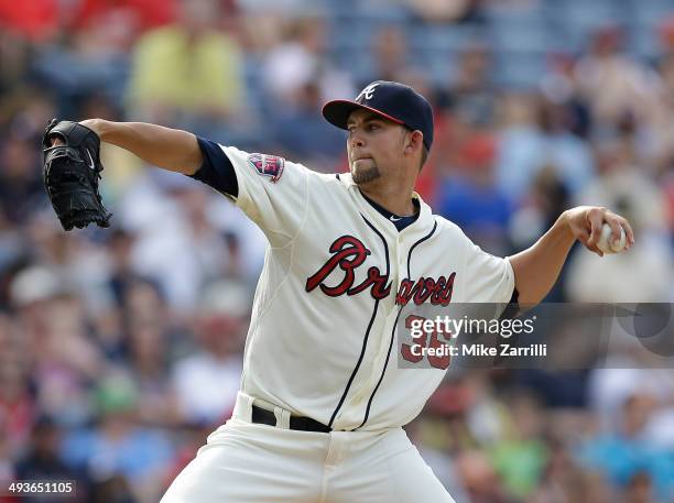 Pitcher Mike Minor of the Atlanta Braves throws a pitch in the fifth inning of the game against the Colorado Rockies at Turner Field on May 24, 2014...