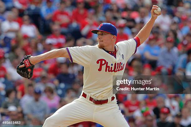 Jacob Diekman of the Philadelphia Phillies throws a pitch in the seventh inning during a game against the Los Angeles Dodgers at Citizens Bank Park...
