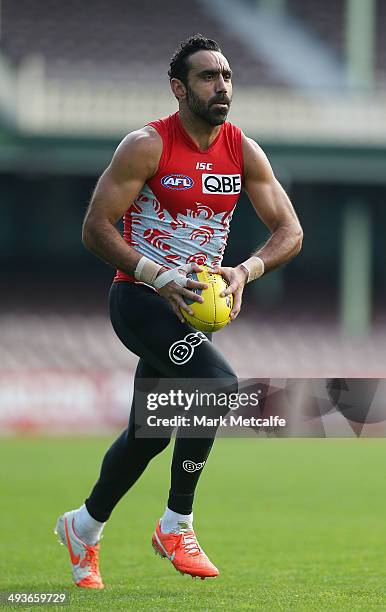 Adam Goodes in action during a Sydney Swans training session at Sydney Cricket Ground on May 25, 2014 in Sydney, Australia.