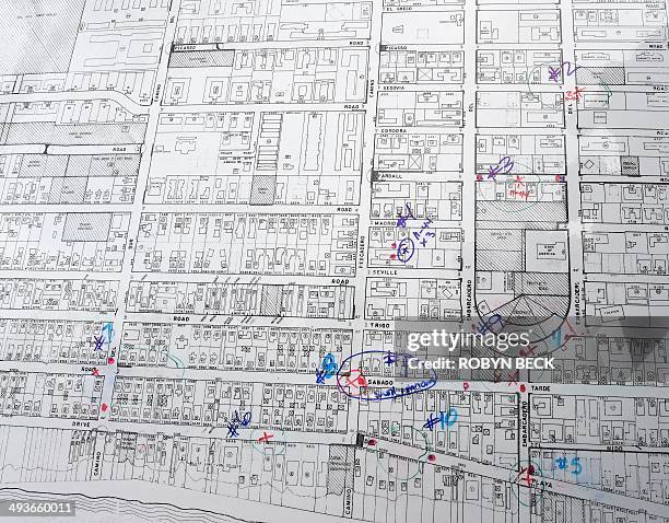 Map indicating multiple crime scene locations in the murderous rampage by suspect Elliot Rodger in Isla Vista yesterday is seen at a press conference...