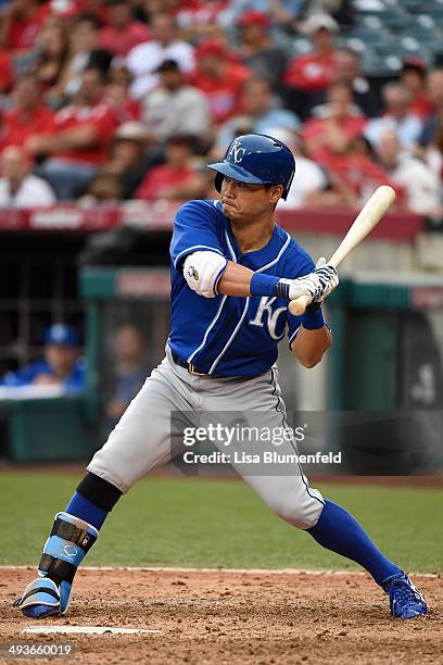 Norichika Aoki of the Kansas City Royals bats in the sixth inning against the Los Angeles Angels of Anaheim at Angel Stadium of Anaheim on May 24,...