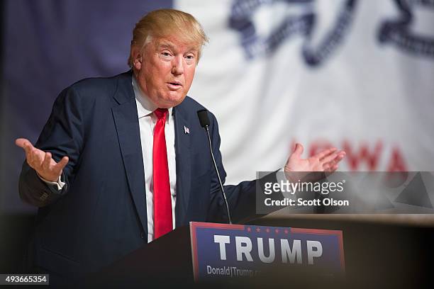 Republican presidential candidate Donald Trump speaks to guests at a campaign rally at Burlington Memorial Auditorium on October 21, 2015 in...