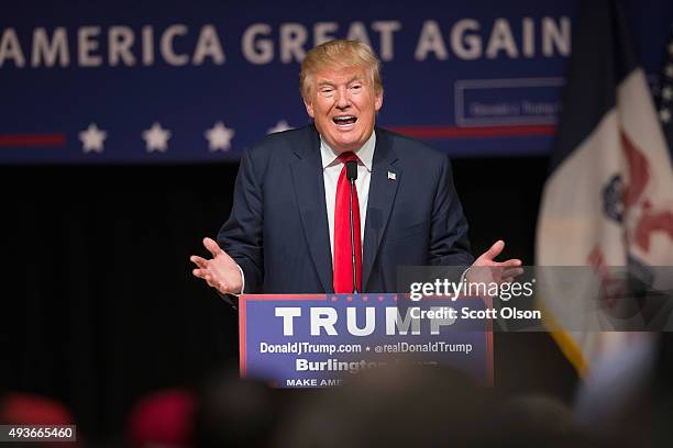 Republican presidential candidate Donald Trump speaks to guests at a campaign rally at Burlington Memorial Auditorium on October 21, 2015 in...