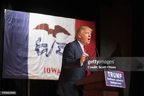 Republican presidential candidate Donald Trump speaks to guests at a campaign rally at Burlington Memorial Auditorium on October 21, 2015 in...