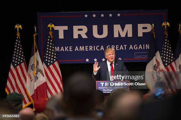 Republican presidential candidate Donald Trump speaks to guests at a campaign rally at Burlington Memorial Auditorium on October 21, 2015 in...